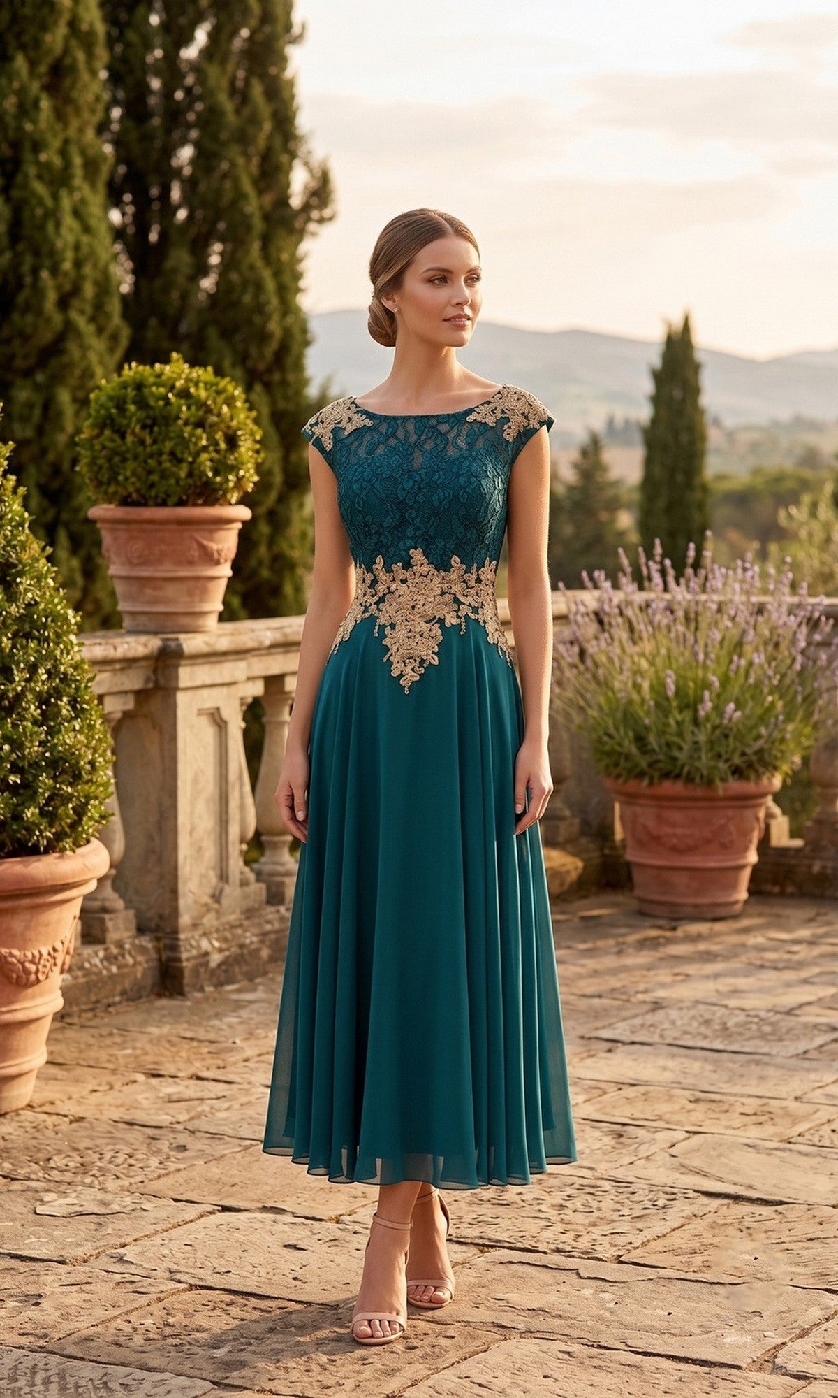 A woman in the Long Formal Dress: Chicas C7542 in green and gold stands outdoors on a stone terrace, surrounded by potted plants and greenery.